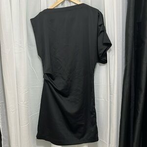 Oak & Fort Ruched Waist High Neck One Shoulder Black Dress with Side Zipper a138